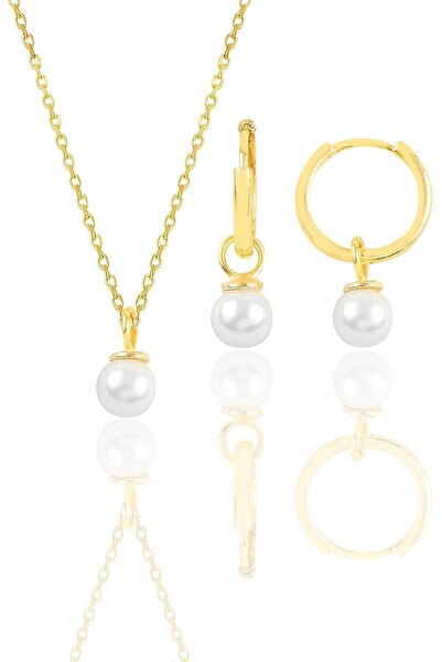 Söğütlü Silver Gümüş Altın Yaldızlı Incili Kolye Ve Halka Küpe Ikili Set Sgtl...