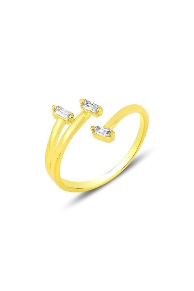 Söğütlü Silver Gümüş Altın Yaldızlı Baget Üç Taşlı Ayarlamalı Yüzük Sgtl12210...