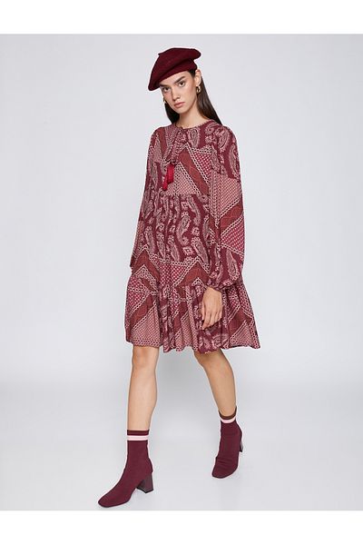 Koton Long Sleeve Short Dress with Tassel Detail