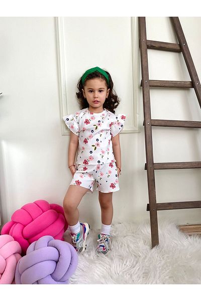 LİLLYPİCCA طقم شورت بأكمام مكشكشة من القماش المضلع منقوش بالزهور للفتيات مكون من قطعتين