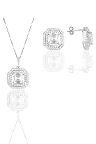 Söğütlü Silver Gümüş Rodyumlu Özel Tasarım Baget Kesim Zirkon Taşlı Ikili Set...