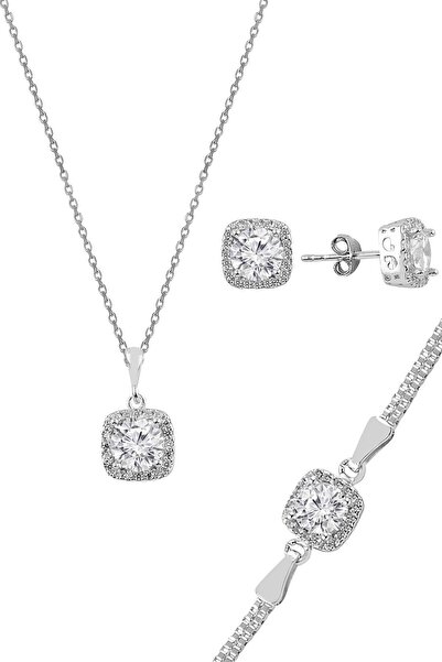 Söğütlü Silver Gümüş Zirkon Taşlı Kare Pırlanta Montürlü Gümüş Üçlü Set Sgtl1...