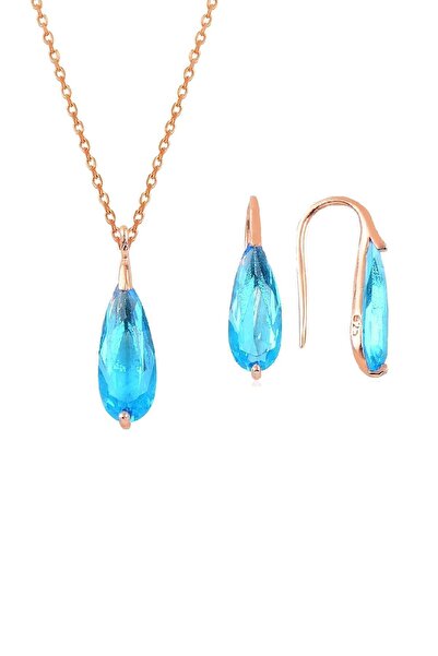 Söğütlü Silver Gümüş Rose Akuamarin Taşlı Damla Kolye Ve Küpe Ikili Gümüş Set...