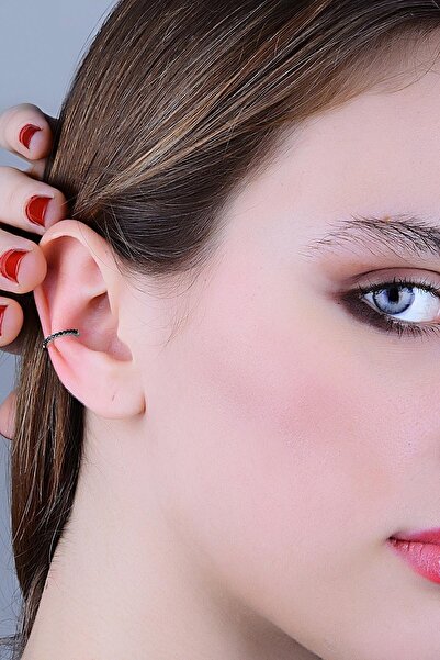 Söğütlü Silver Gümüş Rodyumlu Siyah Taşlı Sıkıştırmalı Kıkırdak Küpe Ear Cuff Sgtl11965rodaj