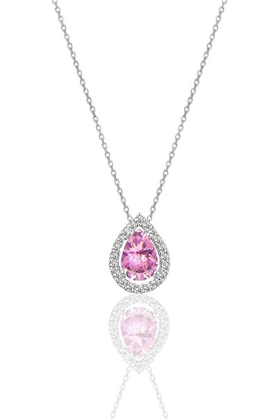 Söğütlü Silver Gümüş rodyumlu pembe taşlı damla modeli kolye SGTL11005PEMBE
