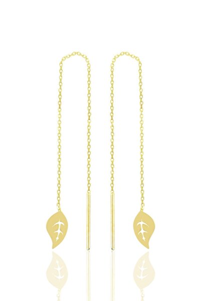 Söğütlü Silver Gümüş Altın Yaldızlı Yaprak Modeli Gümüş Zincir Küpe Sgtl10684gold