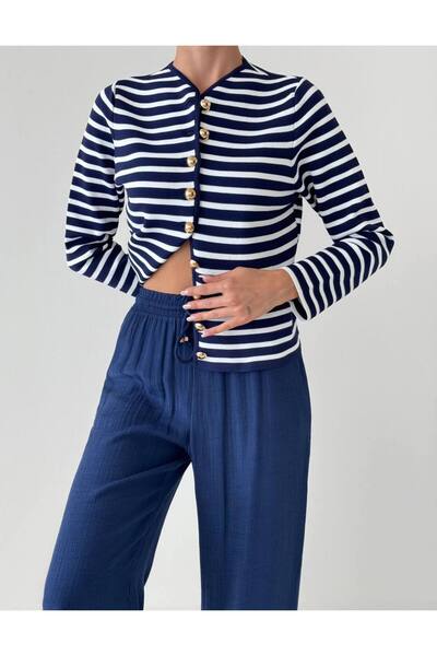 My Blog Marineblaue, ecrufarbene, kragenlose, gestreifte, gemusterte Strickjacke mit Goldknöpfen-4366