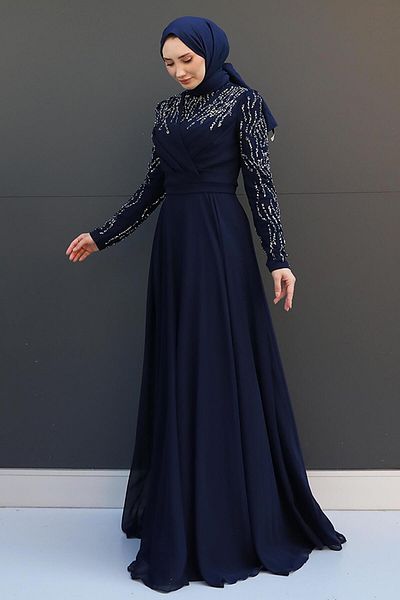 GİZ AGİYİM Βραδινό φόρεμα Navy Blue Chiffon - Vela Hijab