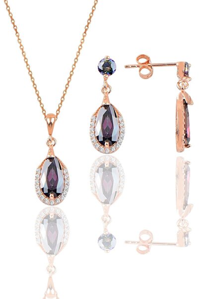 Söğütlü Silver Gümüş Rose Mistik Taşlı Damla Modeli Kolye Ve Küpe Ikili Set Sgtl12073mıstık