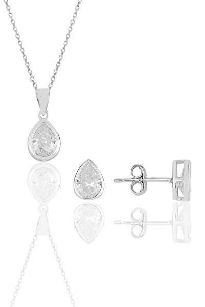 Söğütlü Silver Gümüş Rodyumlu Damla Kesim Zirkon Taşlı Kolye Kupe Ikili Set.....