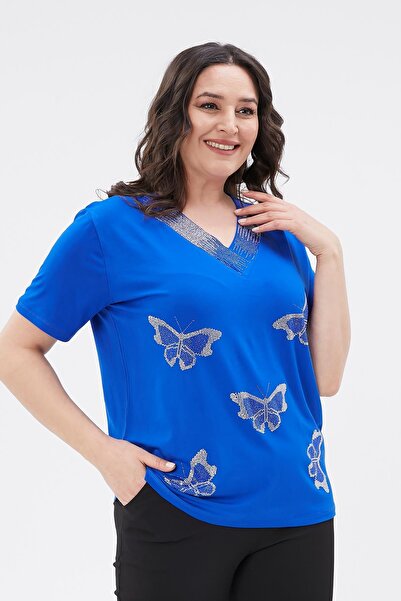 Ebsumu Plus Size Blue Blouse - Butterfly Stone Printed