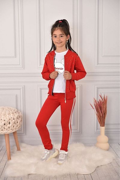 LİLLYPİCCA Girl's Minnie Patterned Pearled TWO THREAD CARDIGAN - Long sleeve sweatshirt - Combed Cotton Tights 3 Piece Set