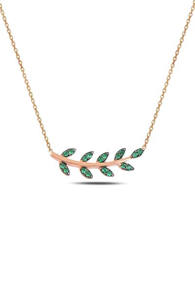 Söğütlü Silver Gümüş Rose Yeşil Taşlı Yaprak Kolye Sgtl10293ysl