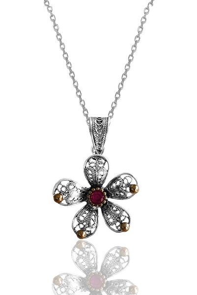 Söğütlü Silver Gümüş Kök Yakut Taşlı Telkari Işlemeli Çiçek Kolye Sgtl12133kı...
