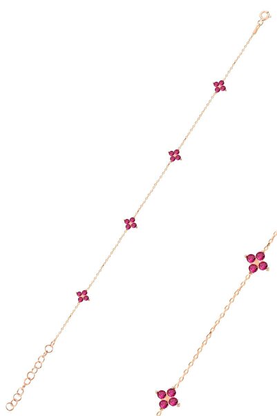 Söğütlü Silver Gümüş rose fuşya taşlı yonca bileklik SGTL12502ROSE