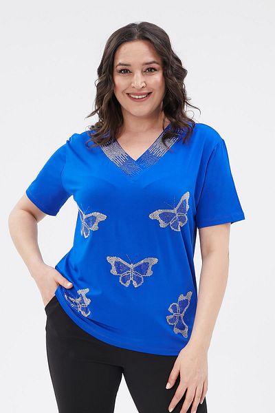Ebsumu Plus Size Blue Blouse - Butterfly Stone Printed