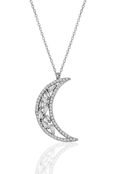 Söğütlü Silver Gümüş Rodyumlu Baget Kesim Zirkon Taşlı Hilal Kolye Sgtl11970r...