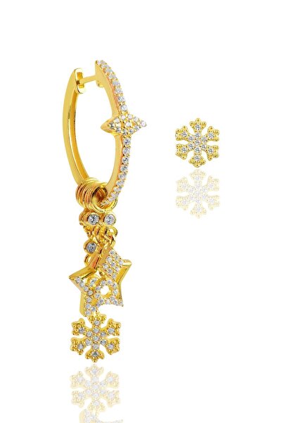 Söğütlü Silver Gümüş Altın Yaldızlı Zirkon Taşlı Kar Tanesi Şans Küpesi Sgtl8719gold