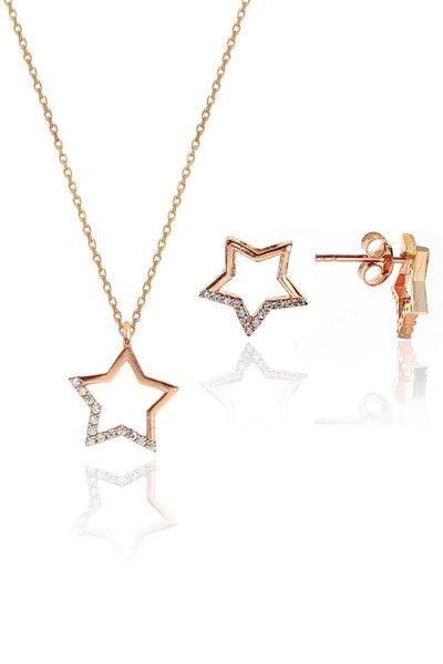 Söğütlü Silver Gümüş Rose Zirkon Taşlı Yıldız Kolye Ve Küpe Gümüş Ikili Set S...