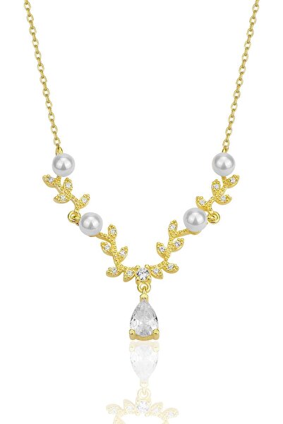 Söğütlü Silver Gümüş altın yaldızlı inci ve zirkon taşlı yaprak firgürlü prenses kolye SGTL12355GOLD