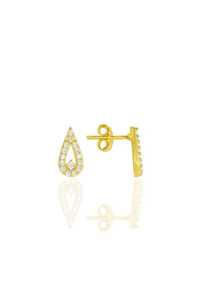 Söğütlü Silver Gümüş Altın Yaldızlı Zirkon Taşlı Damla Küpe Sgtl11854gold