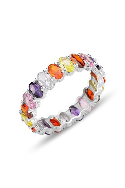 Söğütlü Silver Gümüş rodyumlu oval baget kesim renkli zirkon taşlı tamtur yüzük SGTL12218RENKLI