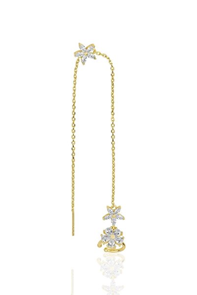 Söğütlü Silver Gümüş Altın Yaldızlı Zirkon Taşlı Özel Tasarım Lotus Zincirli Kıkırdak Küpe Sgtl11956gold