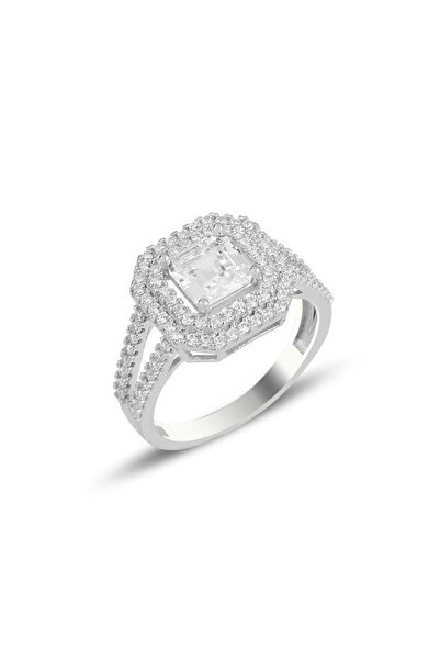 Söğütlü Silver Gümüş Rodyumlu Özel Tasarım Baget Kesim Zirkon Taşlı Yüzük Sgt...