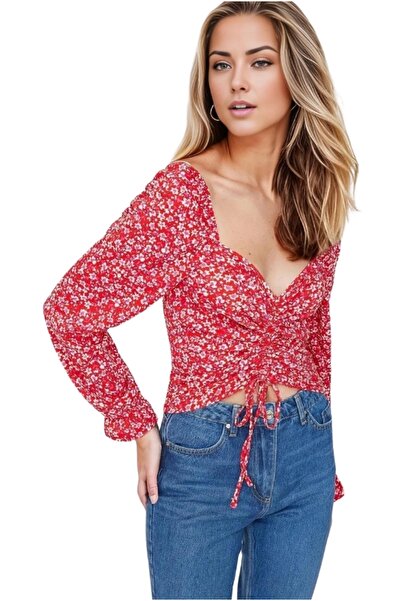 Cassime نمط الأزهار الحمراء - بلوزة بأكمام بالون للجسم، ياقة قلب ملفوفة