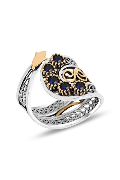 Söğütlü Silver Gümüş Safir Taşlı Telkari Işlemeli Ayarlamalı Yüzük