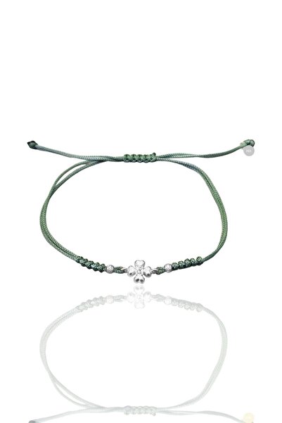 Söğütlü Silver Gümüş rodyumlu zirkon taşlı dorica toplu yeşil ipli yonca şans...