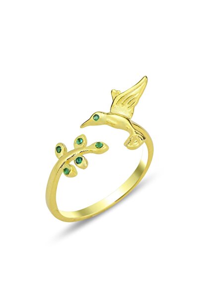 Söğütlü Silver Gümüş altın yaldızlı yeşil taşlı üstten ayarlanabilir kırlangı...