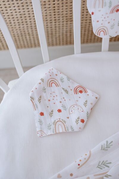 Lilabio 100% Organic Cotton Double Layer Rainbow Patterned Muslin Cover Set (100X100 Muslin-Bib-Shoulder Cloth)