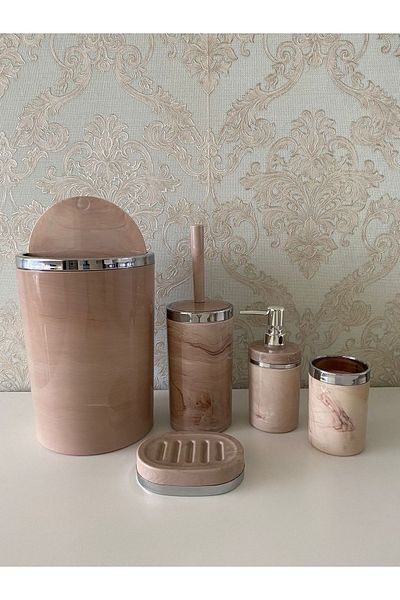 Trend Banyo Mutfak طقم حمام فضي بنمط رخامي مكون من 5 قطع / حامل فرشاة المرحاض، سائل - طبق صابون صلب، سلة المهملات، حامل فرشاة الأسنان