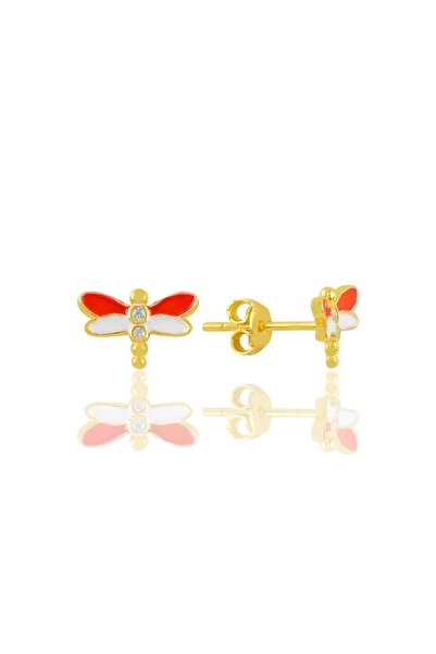 Söğütlü Silver Gümüş Altın Yaldızlı Kırmızı Mineli Zirkon Taşlı Yusufçuk Çocuk Küpesi Sgtl11352gold