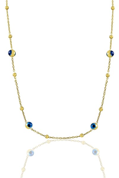 Söğütlü Silver Gümüş Altın Yaldızlı Çift Taraflı Cam Göz Nazarlı Kolye Sgtl11326gold