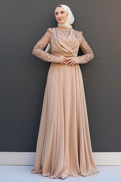 GİZ AGİYİM Βραδινό φόρεμα Milky Coffee Vela Hijab Chiffon