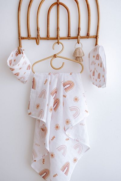 Lilabio 100% Organic Cotton Double Layer Rainbow Patterned Muslin Cover Set (100X100 Muslin-Bib-Shoulder Cloth)