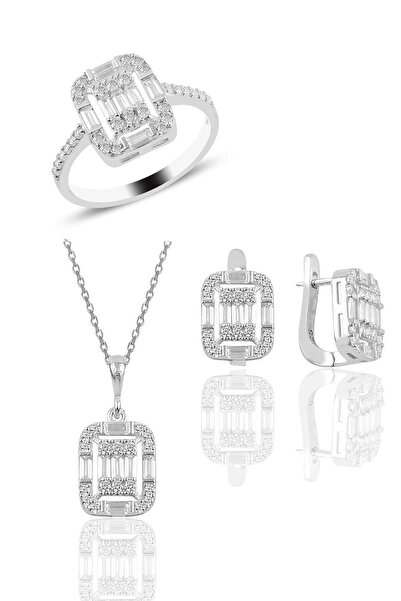 Söğütlü Silver Gümüş Rodyumlu Gümüş Baget Taşlı Üçlü Set Sgtl10737