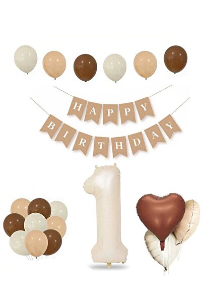 Zanzibar 1 Bir Yaş Parti Retro Doğum Günü Seti; Krem Rakam Folyo, Banner, Kalp Folyo Ve Lateks Balon
