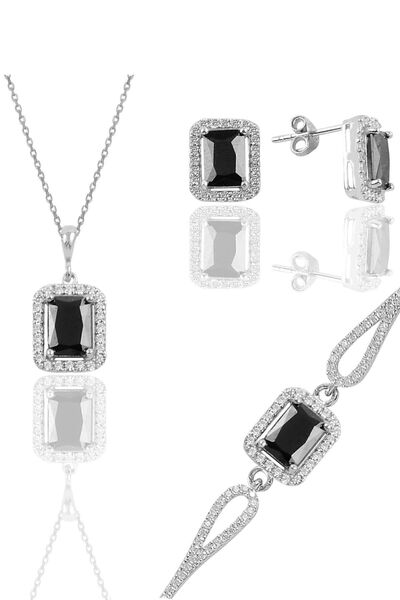 Söğütlü Silver Gümüş Rodyumlu Siyah Taşlı Baget Kesim Üçlü Set Sgtl11598sıyah