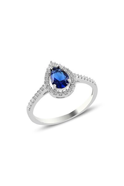 Söğütlü Silver Gümüş Rodyumlu Safir Taşlı Damla Modeli Yüzük Sgtl11004