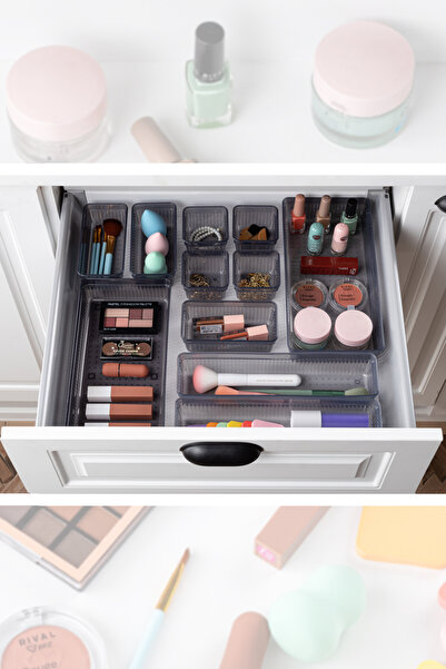 Meleni Home 21 Pieces Anthracite Cosmetic and Makeup Organizer - In-cabinet Organizer