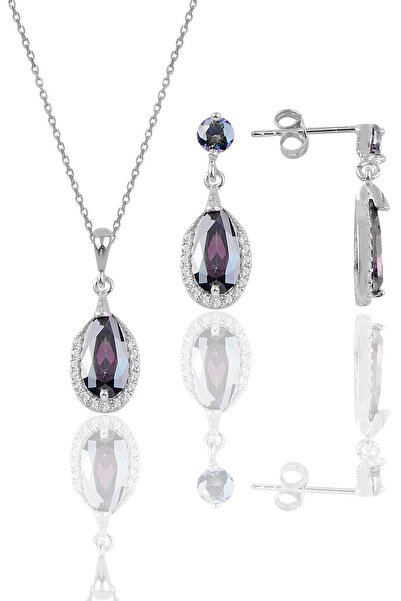 Söğütlü Silver Gümüş Rodyumlu Mistik Taşlı Damla Modeli Kolye Ve Küpe Ikili S...