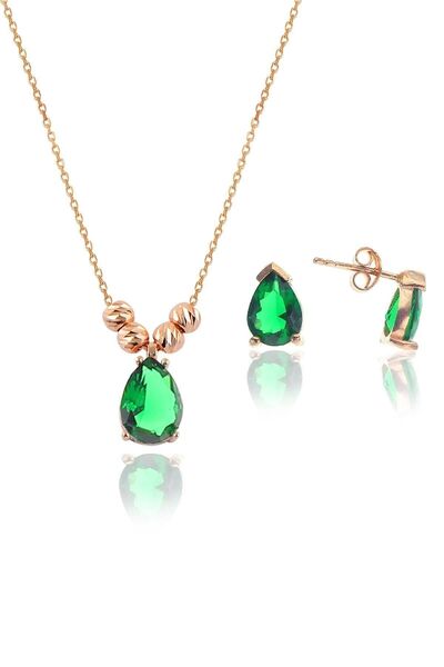 Söğütlü Silver Gümüş Rose Kök Zümrüt Taşlı Dorica Damla Kolye Ve Çivi Modeli Küpe Seti