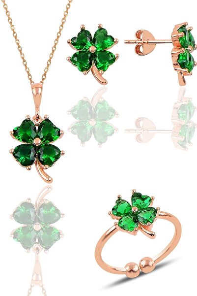 Söğütlü Silver Gümüş Rose Kök Zümrüt Taşlı Yonca Kolye Küpe Ve Yüzük Üçlü Set Sgtl11664yesıl