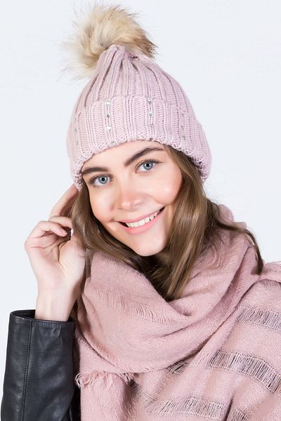 POSUSS Stoned Pompom Acrylic Women's Beanie Powder - Ps613
