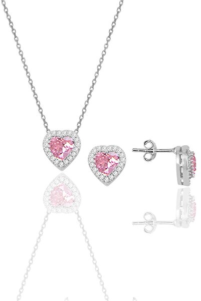 Söğütlü Silver Gümüş Rodyumlu Pembe Taşlı Pırlanta Modeli Kalp Ikili Set Sgtl...