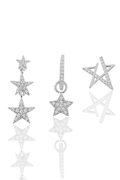 Söğütlü Silver Gümüş Rodyumlu Zirkon Taşlı Yıldızlar Kombin Küpe Sgtl11902rodaj
