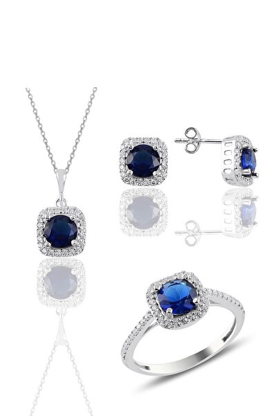 Söğütlü Silver Gümüş Rodyumlu Safir Taşlı Kare Üçlü Set Sgtl10762